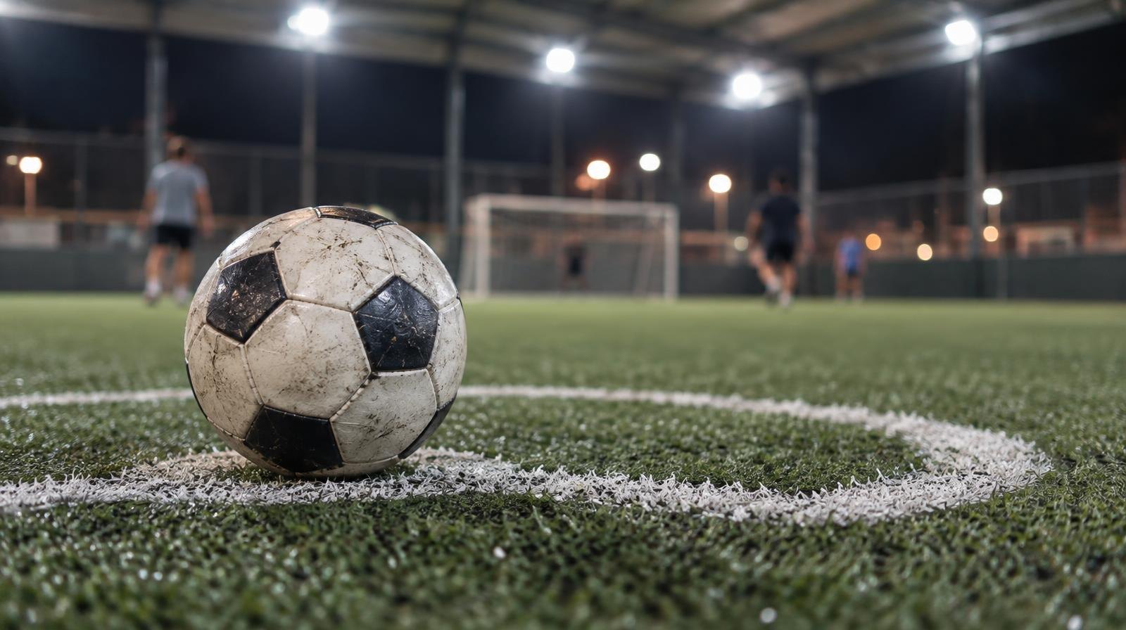 Soccer ball resting on a painted center circle under bright floodlights at night.