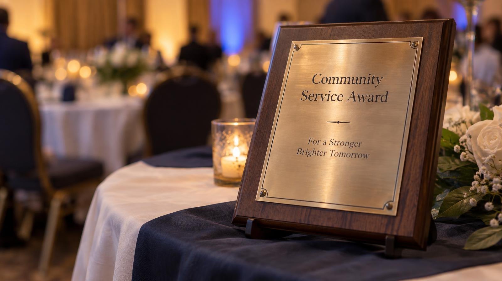 Wooden award plaque with a metal nameplate on a draped table under warm lighting.