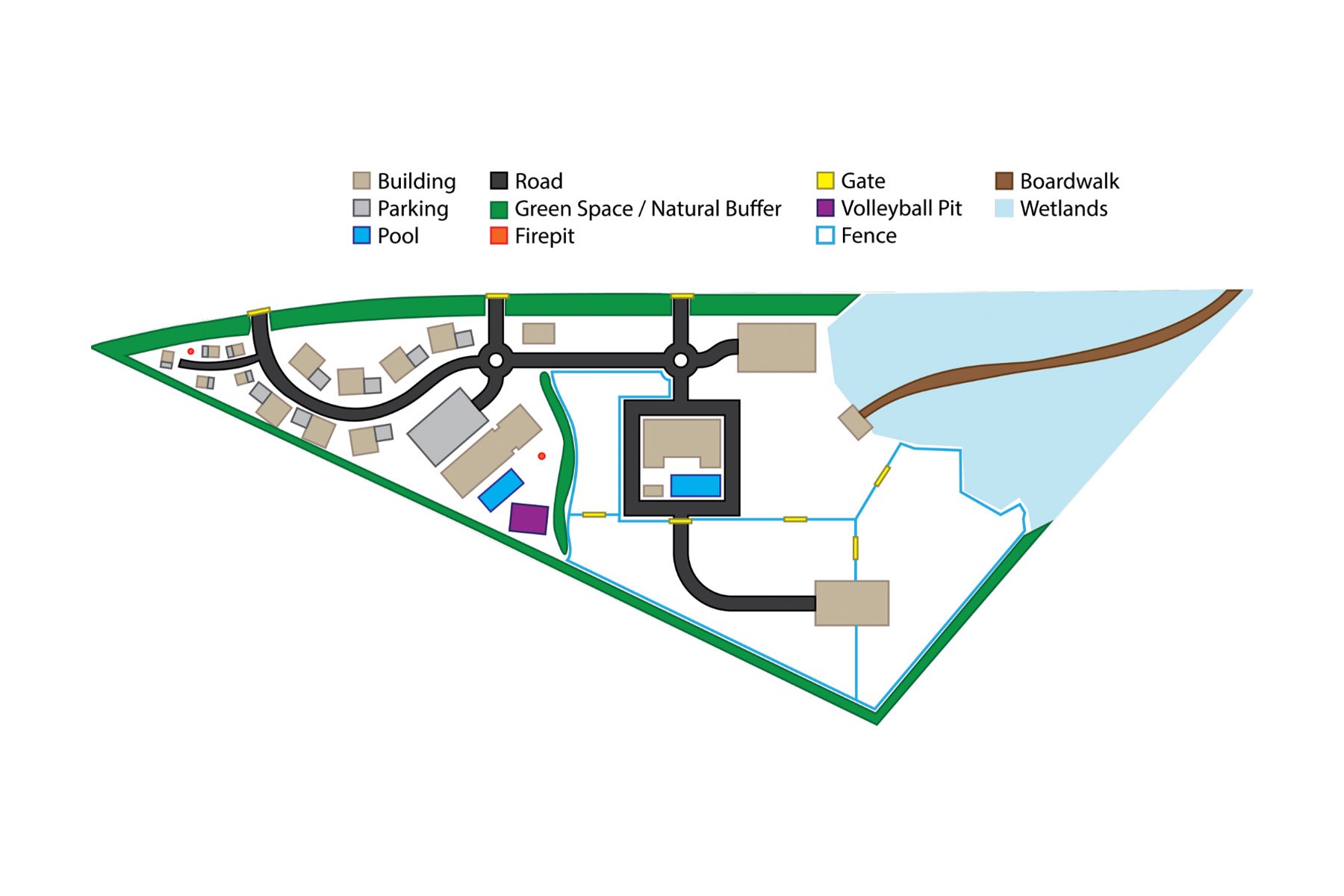 Color-coded site plan of a triangular rural property with buildings, pool, boardwalk, and wetlands.