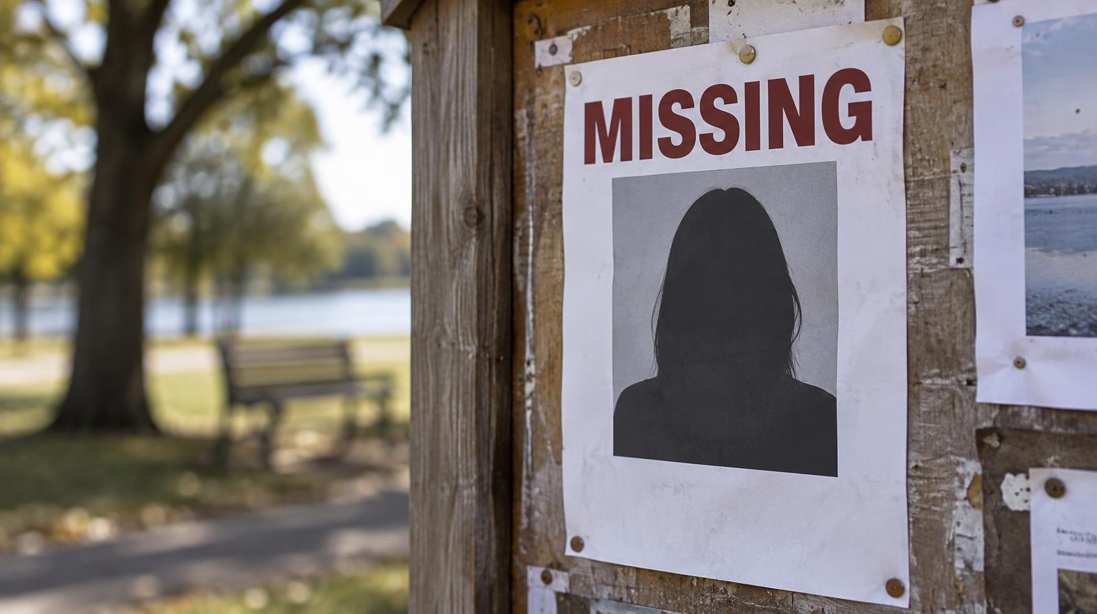 A missing person flyer pinned to a wooden outdoor bulletin board.