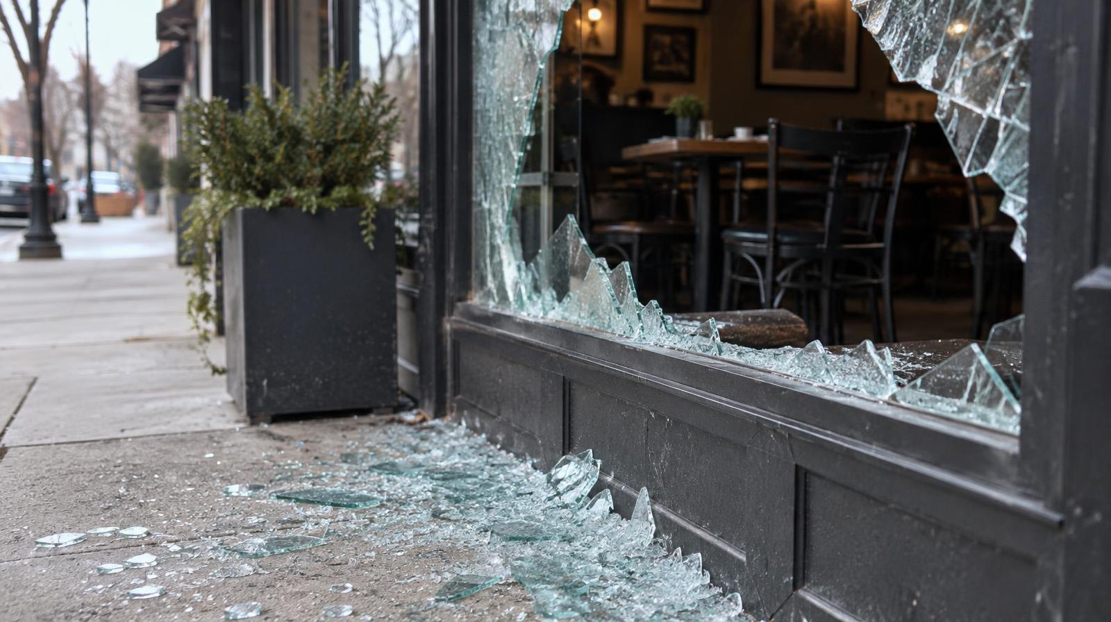 Broken plate-glass window on a restaurant storefront with shattered glass on the sidewalk.