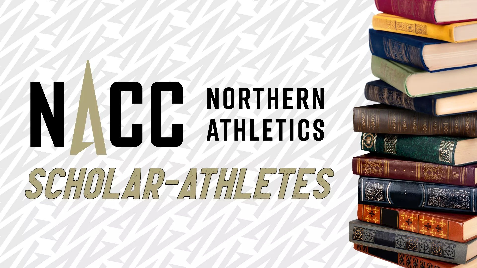 NACC Northern Athletics Scholar-Athletes logo with a stack of hardcover books on a patterned background.