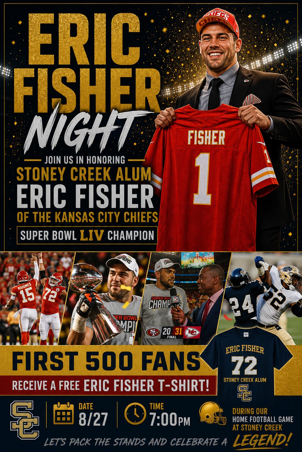 Event flyer for Eric Fisher Night at Stoney Creek High School on August 27.