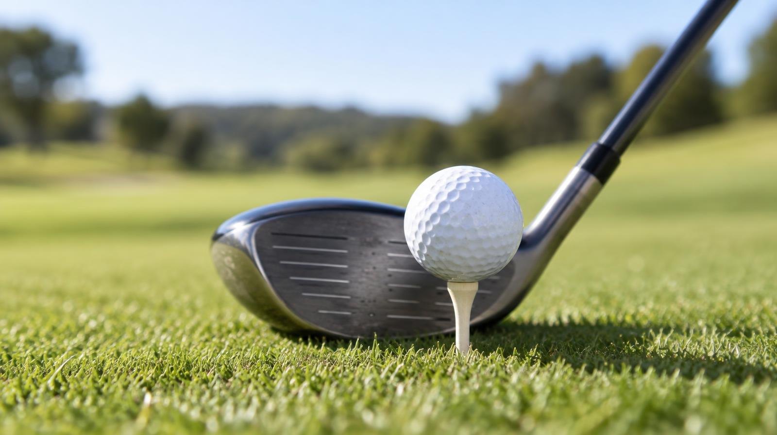 A golf ball on a tee with a club head positioned behind it on a green fairway.