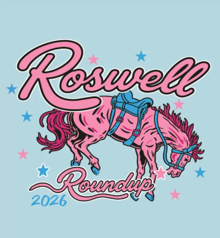 Retro-style graphic reading "Roswell Roundup 2026" with a pink illustrated bucking horse and stars on a light blue background, promoting Roswell High School's cheer competition.