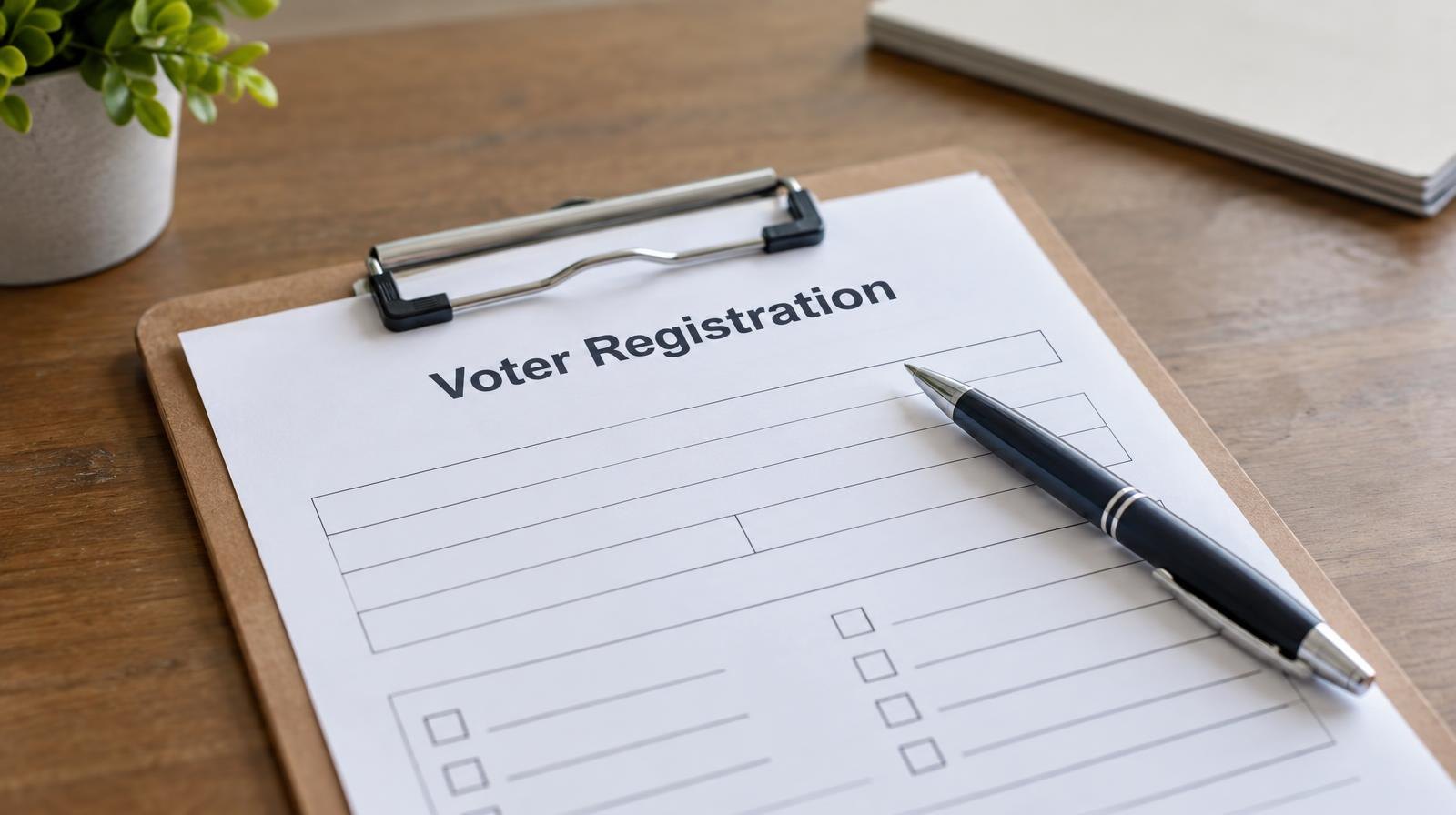 Blank voter registration form on a clipboard with a pen on a table.