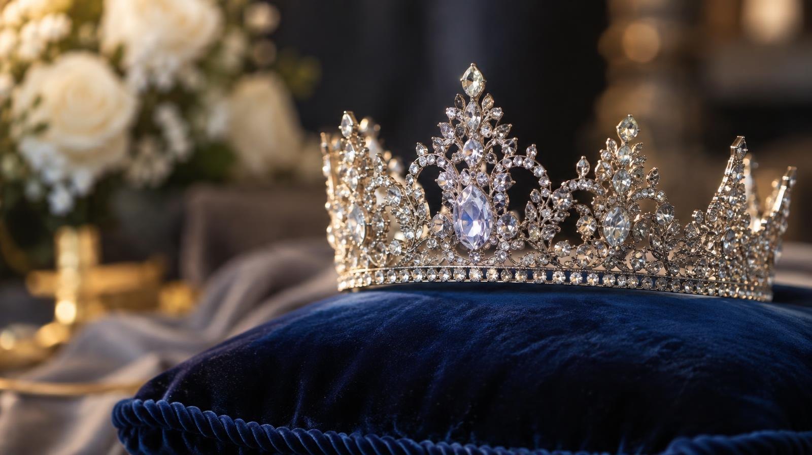 A sparkling rhinestone crown resting on a dark velvet cushion.
