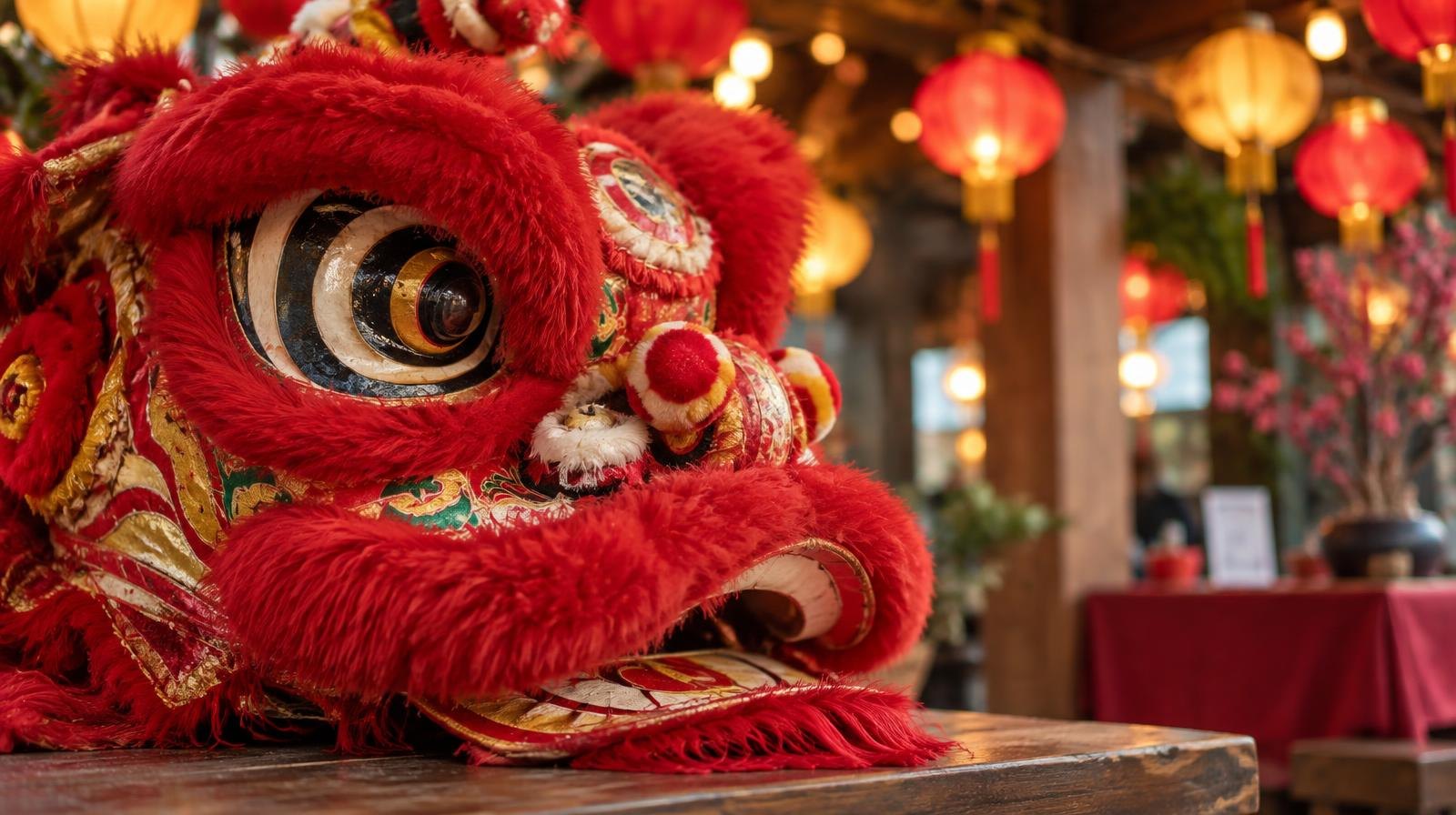 Red and gold lion dance costume head on a wooden surface with colorful lanterns in the background.