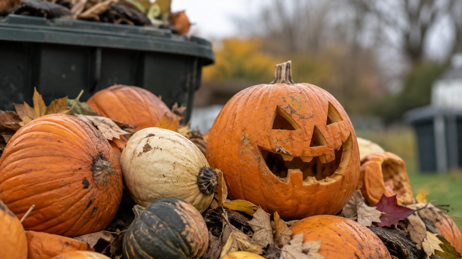 A pile of carved and uncarved pumpkins and gourds surrounded by autumn leaves.