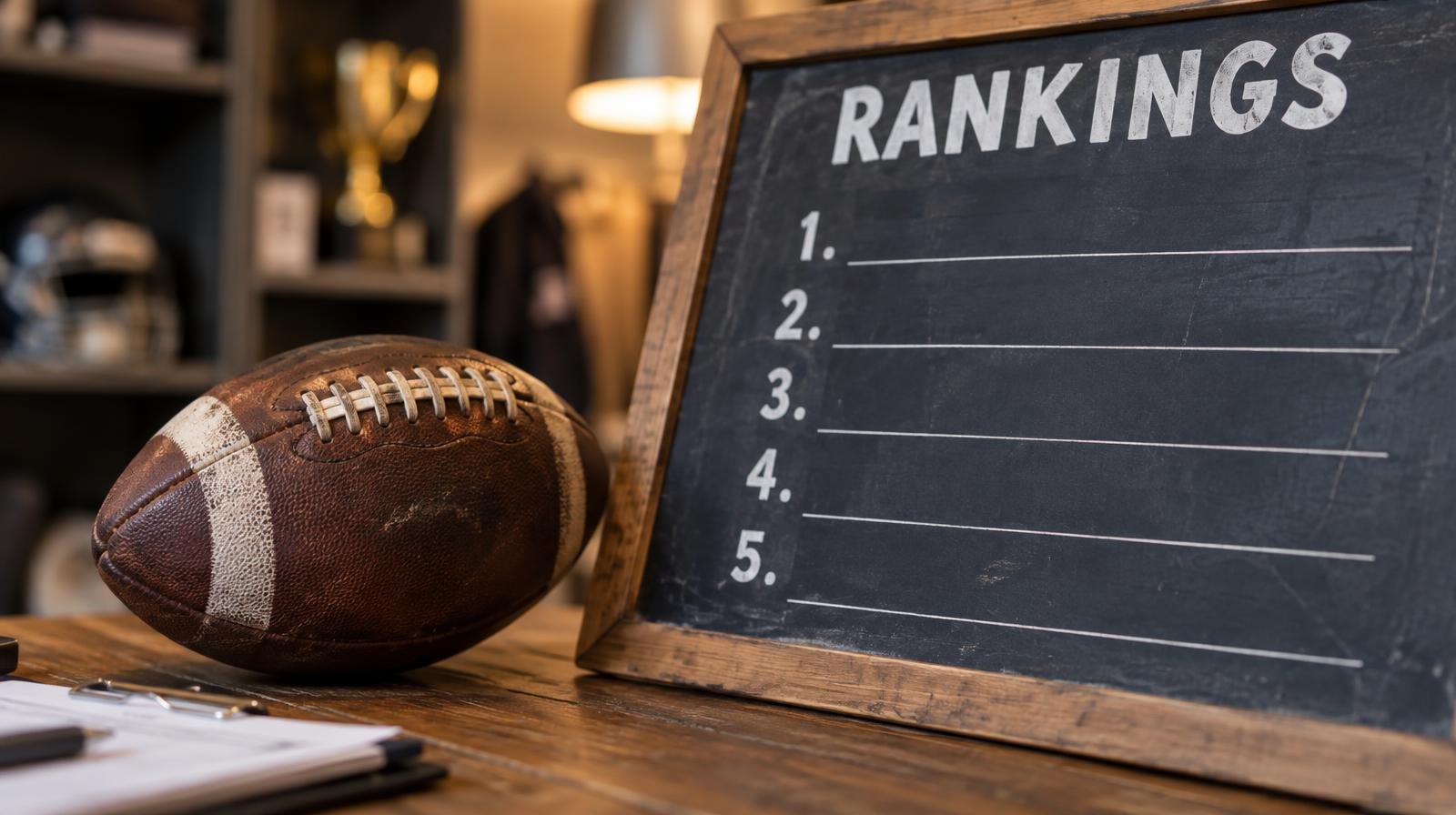 A football resting on a wooden surface beside a numbered rankings board.