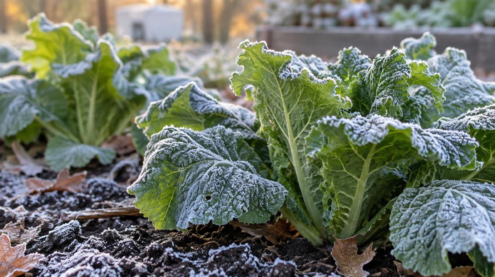 Frost-covered green leafy plants in a garden bed at dawn.