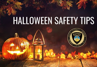 Halloween safety tips graphic featuring jack-o'-lanterns and a police department seal.