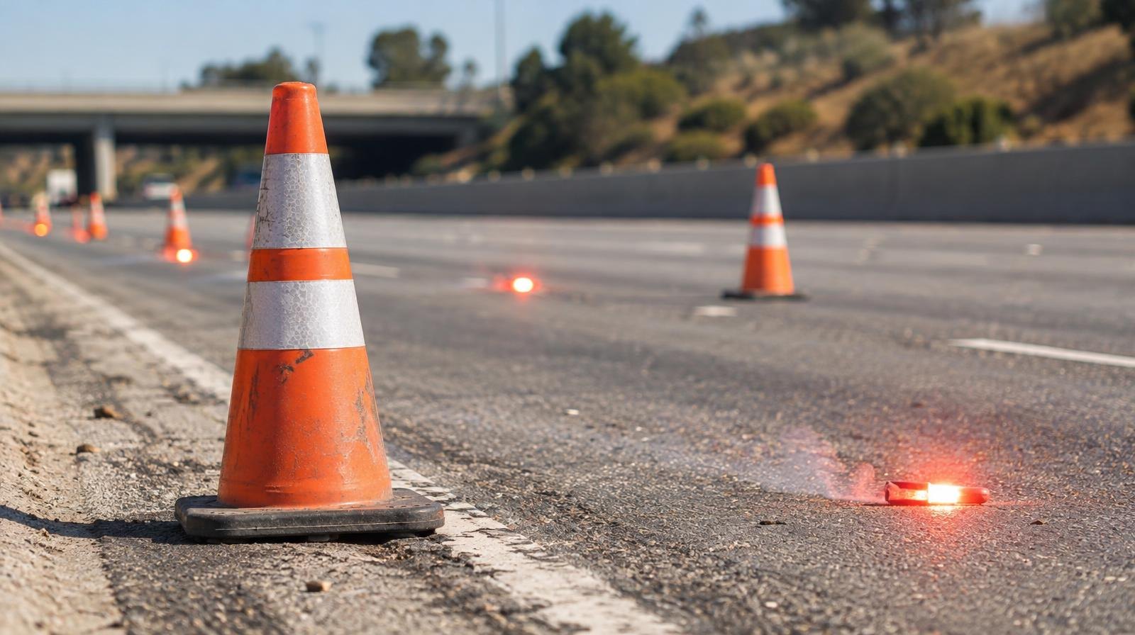 Orange traffic cones and emergency flares line a closed freeway lane under bright sunlight.
