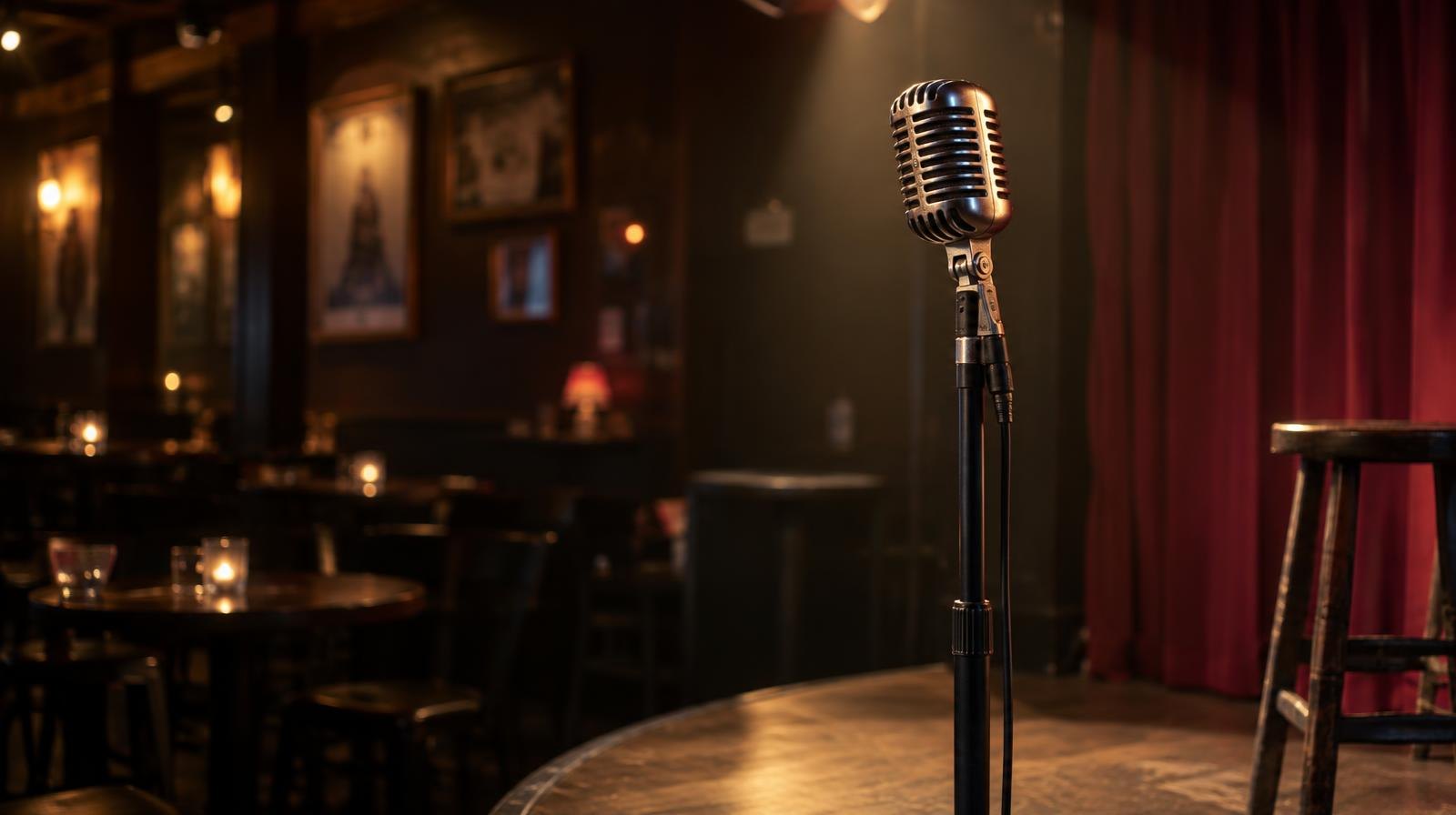 A vintage microphone stand illuminated by a single spotlight on a wooden stage.