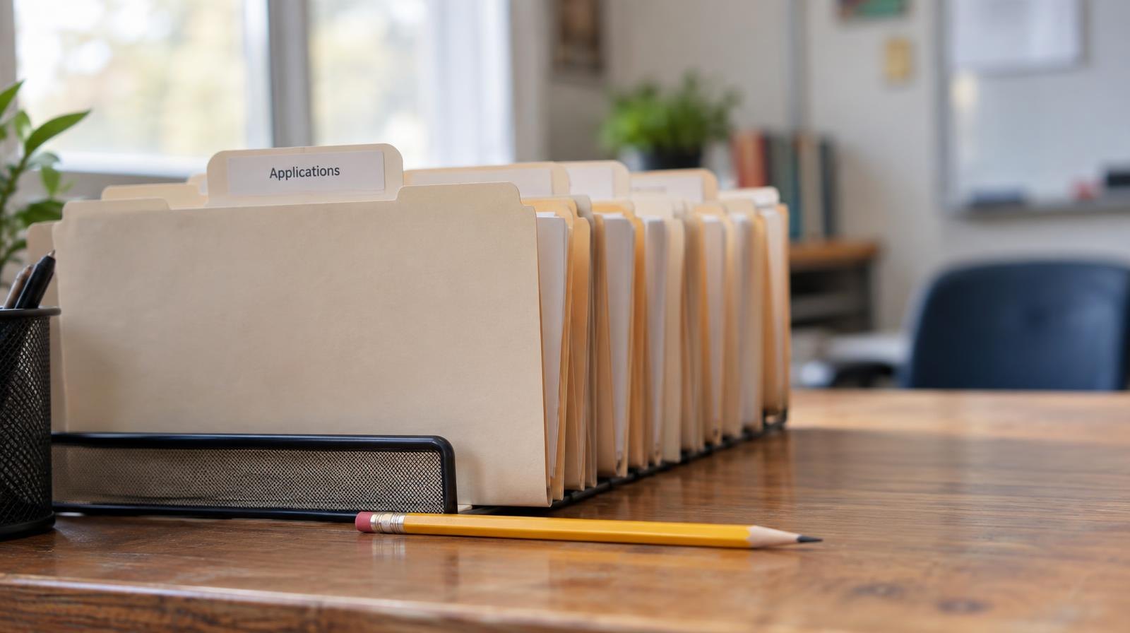 Teacher application folders and a pencil resting on a wooden desk.