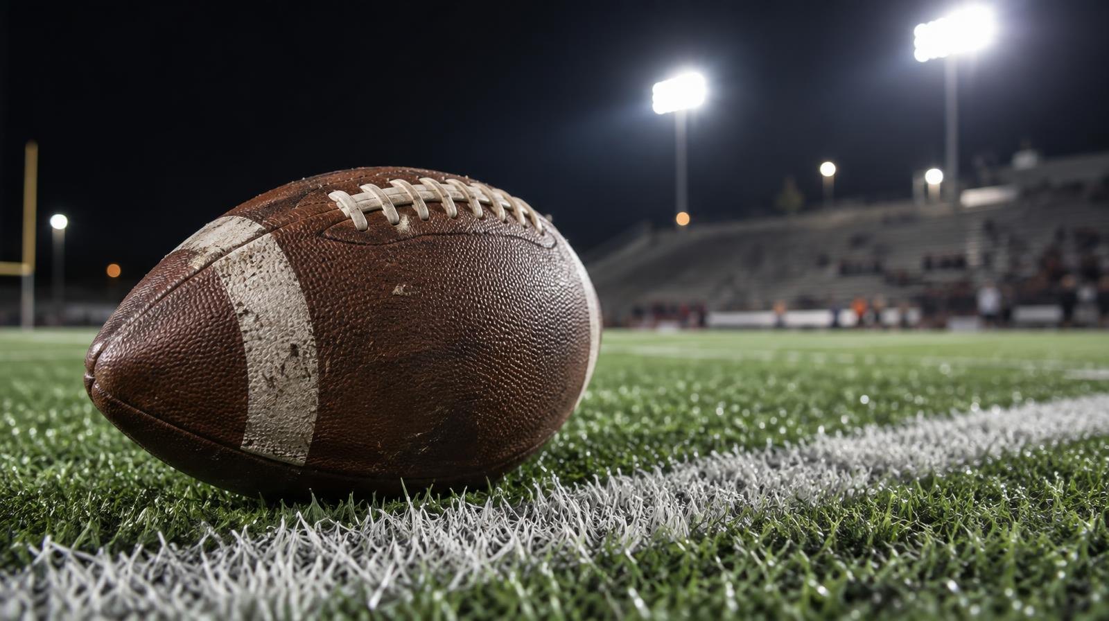 An American football on green artificial turf beside a white yard line under bright stadium lights.