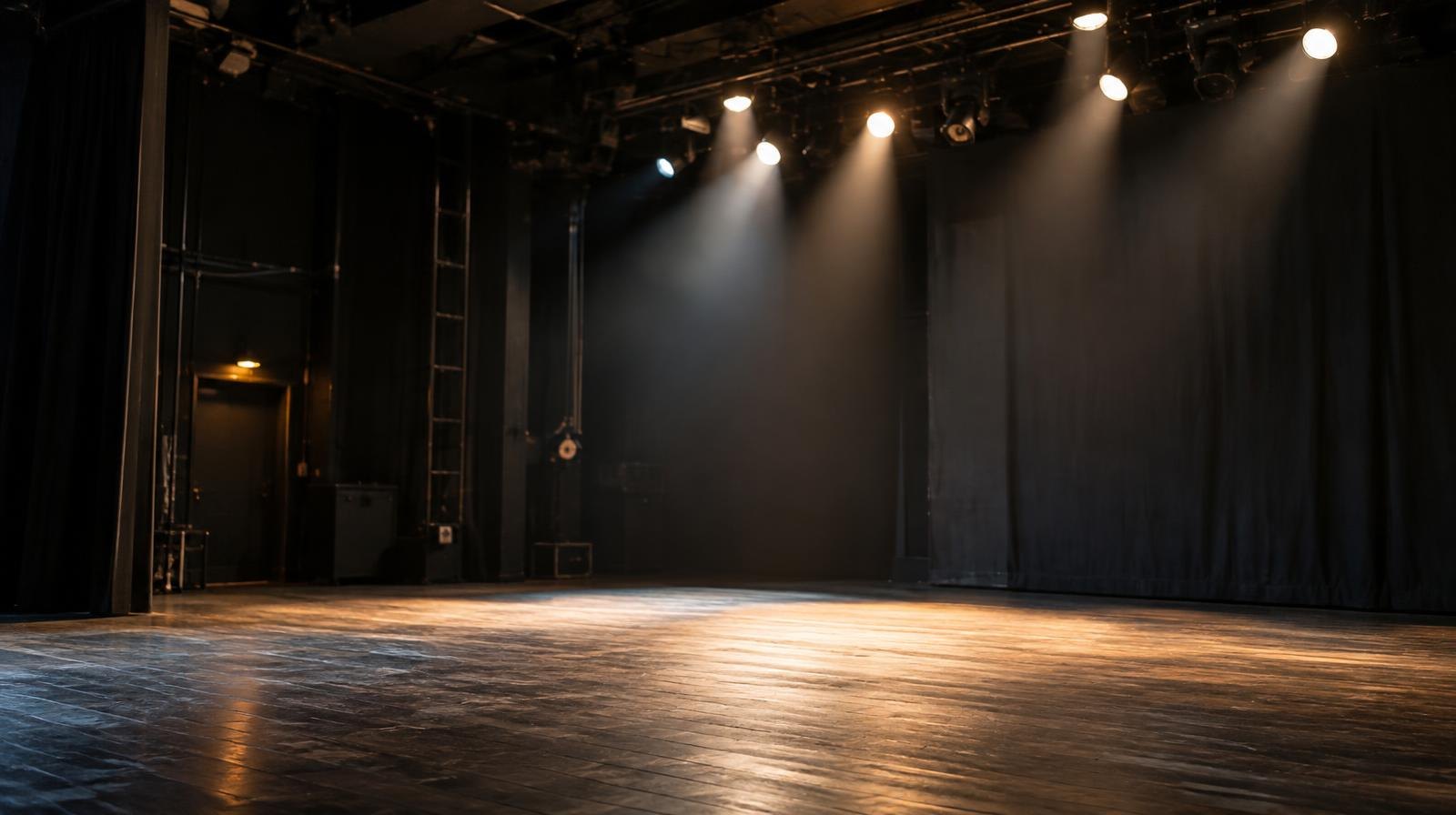 Spotlights shining down on an empty black box theatre stage with dark walls.