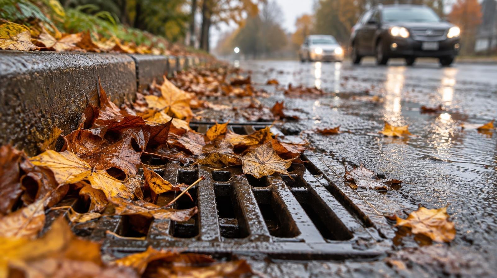 Storm drain grate covered with wet autumn leaves on a wet road.