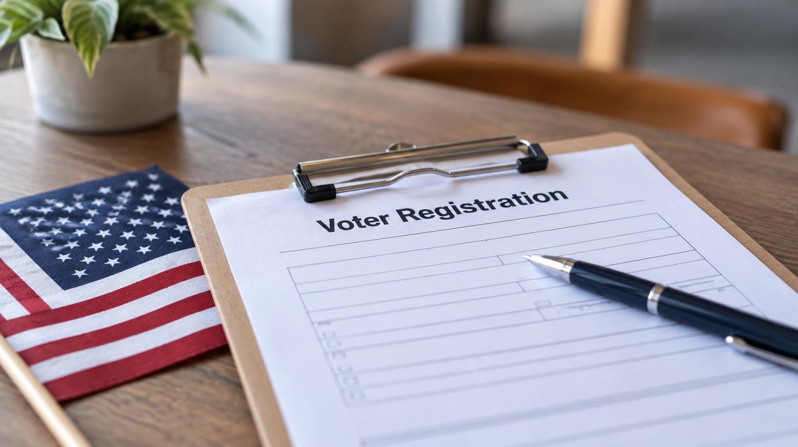 A blank voter registration form on a clipboard with a pen and small American flag.