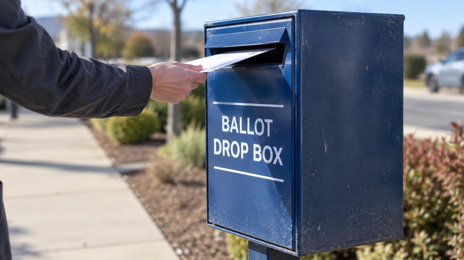 A dark blue metal ballot drop box on a post with a secure slot at the top.
