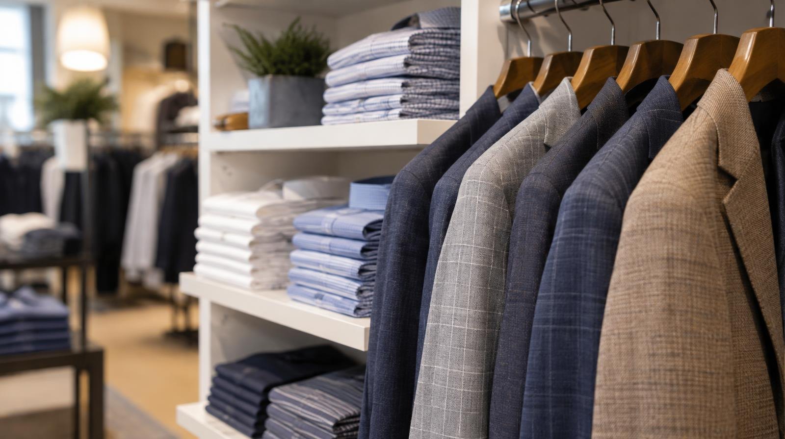 Neatly arranged dress shirts and sport coats on a retail clothing rack.