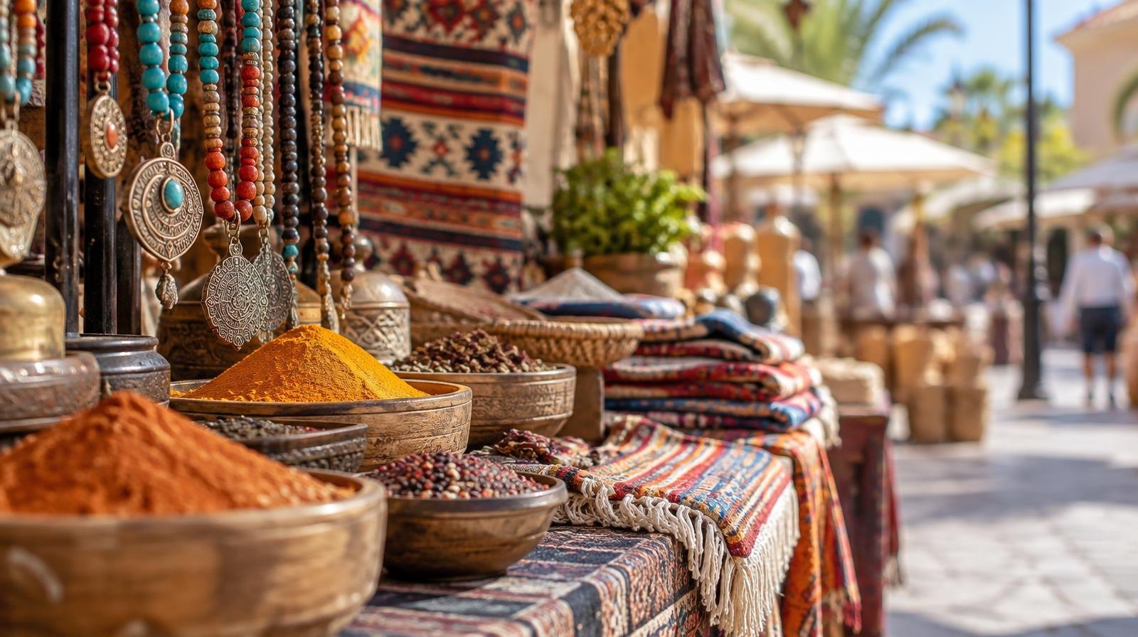 Colorful outdoor market stall with spices, jewelry, and woven textiles arranged on display.
