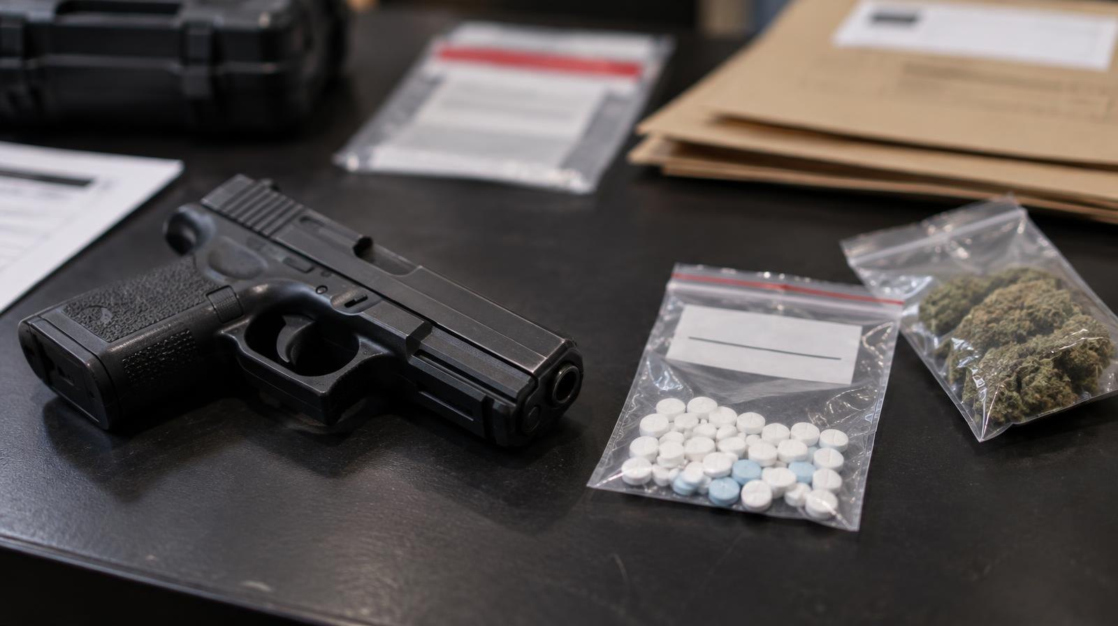 A handgun and sealed evidence bags containing pills and marijuana on a dark surface.