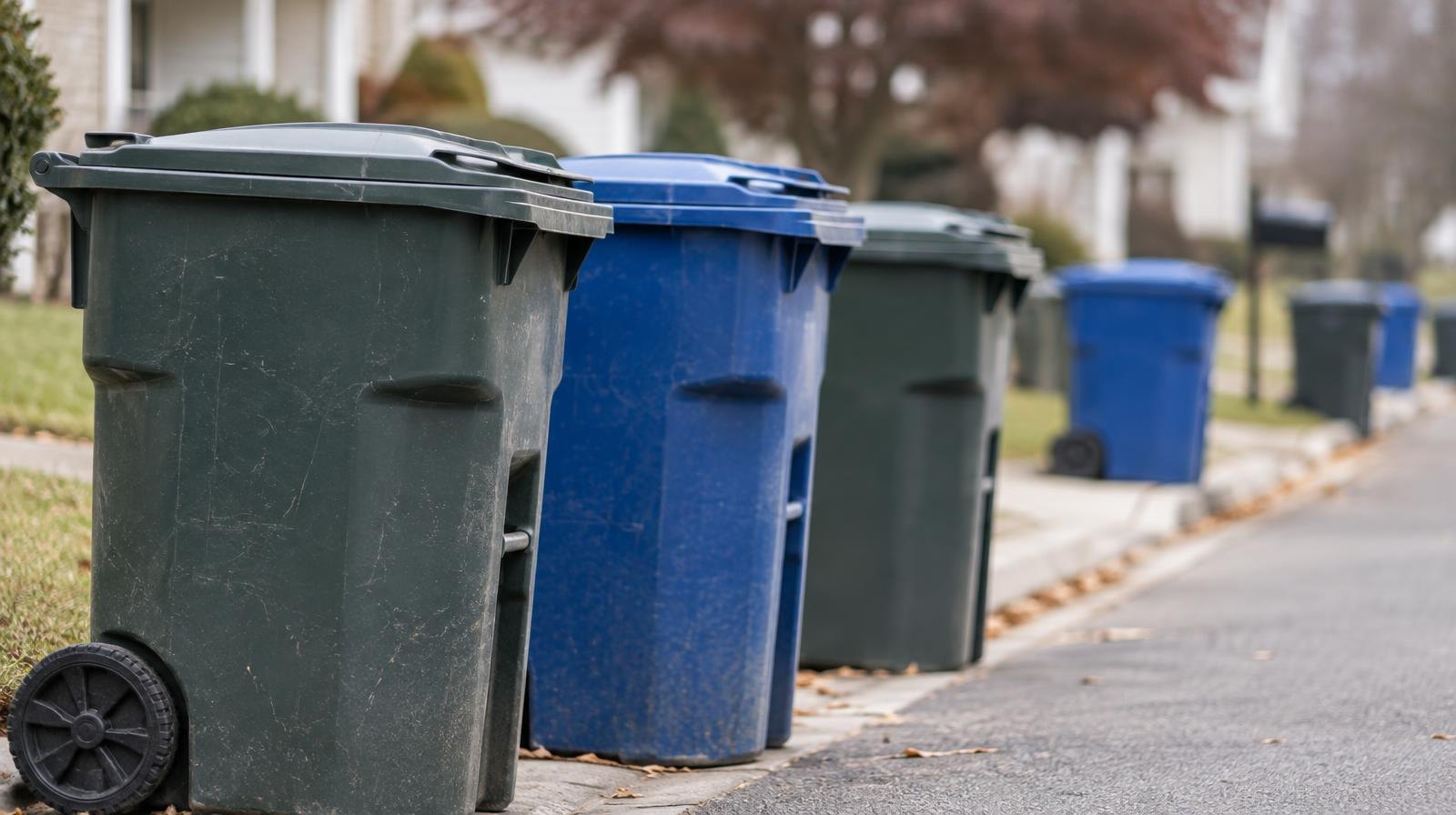 Colorful trash and recycling bins lined up along a quiet suburban street.