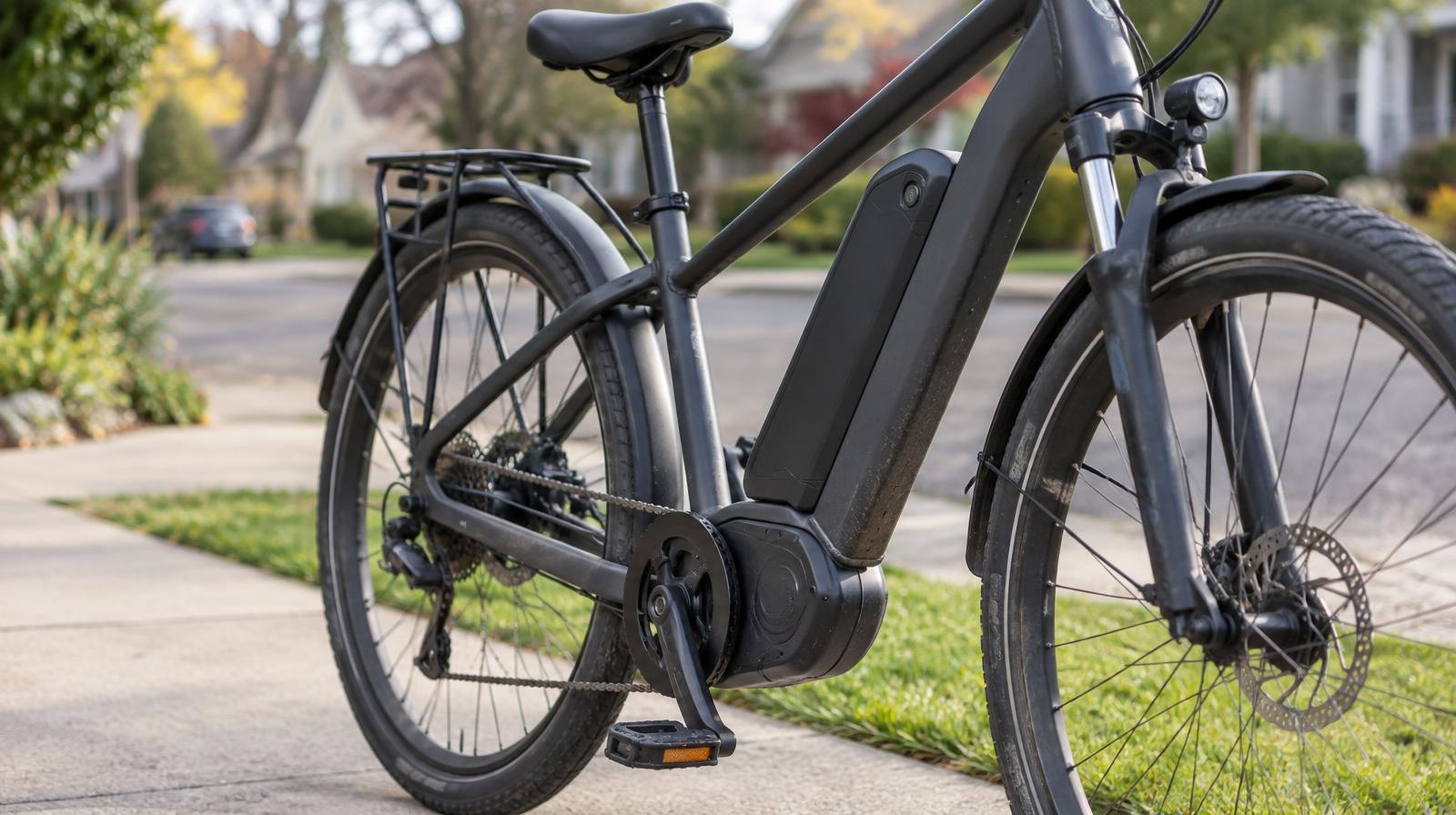 An electric bicycle with a visible battery pack and motor parked on a sidewalk.
