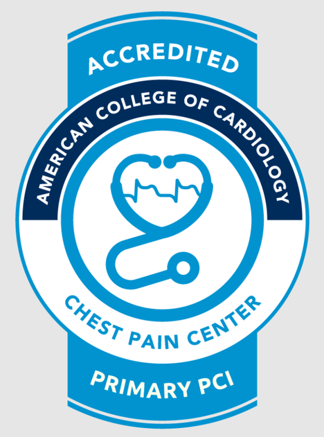 Circular blue-and-white accreditation badge reading Accredited Chest Pain Center Primary PCI.