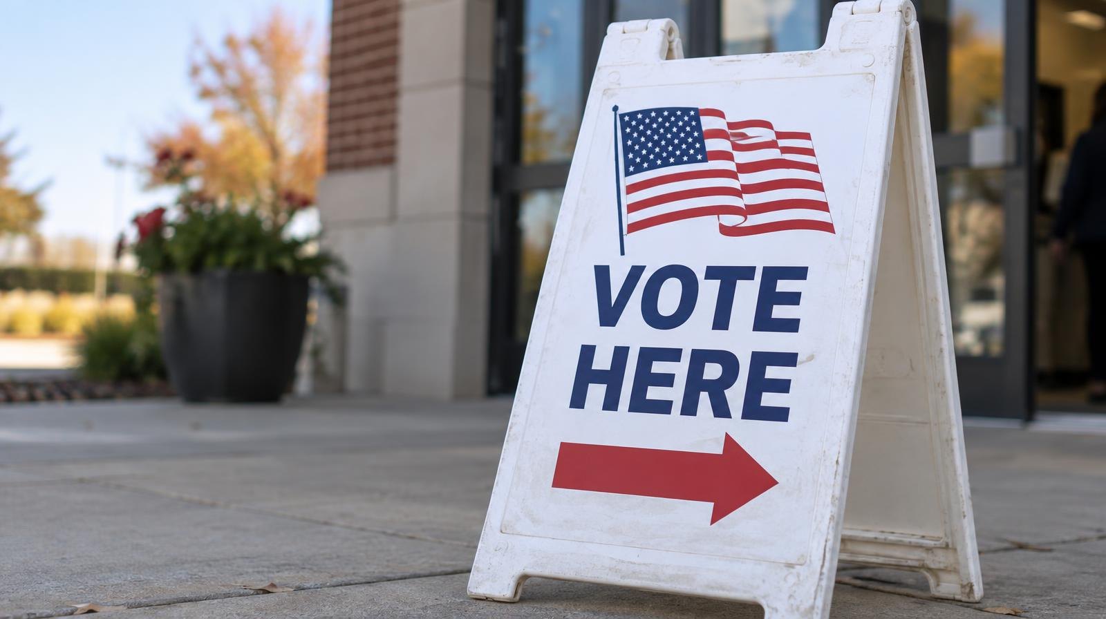 A white Vote Here A-frame sign with an American flag graphic stands on a sidewalk outside a building.