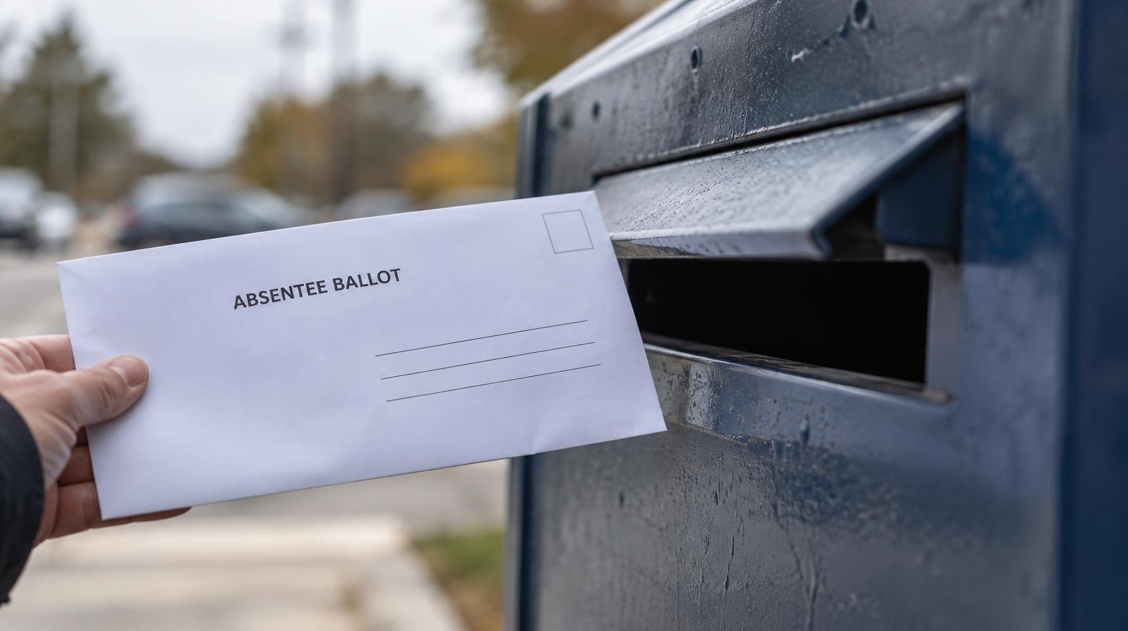 Sealed white envelope resting next to a ballot drop box slot outdoors.