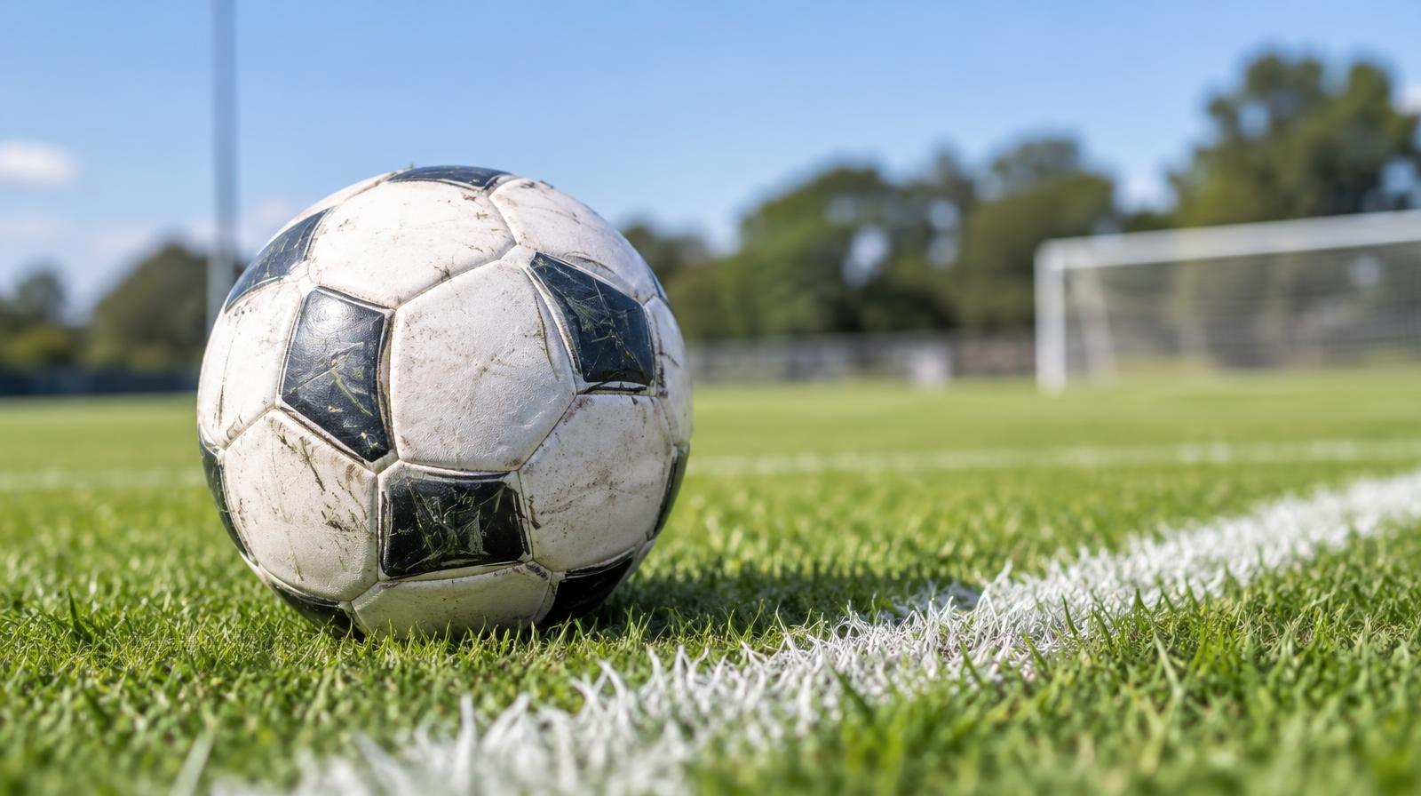 A white soccer ball resting on a bright green grass field near a white sideline.
