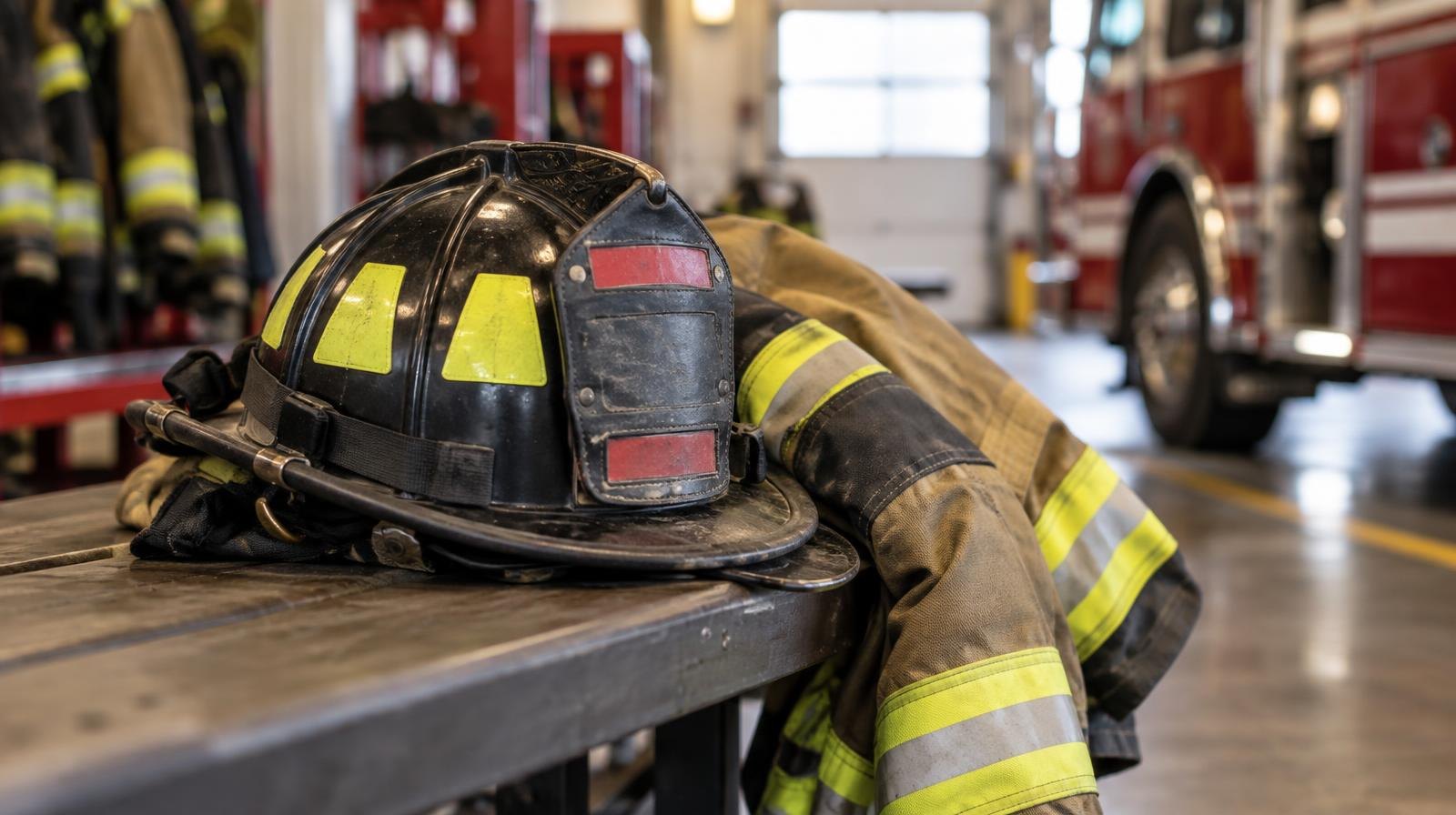 A firefighter helmet and turnout jacket resting on a bench in a fire station.