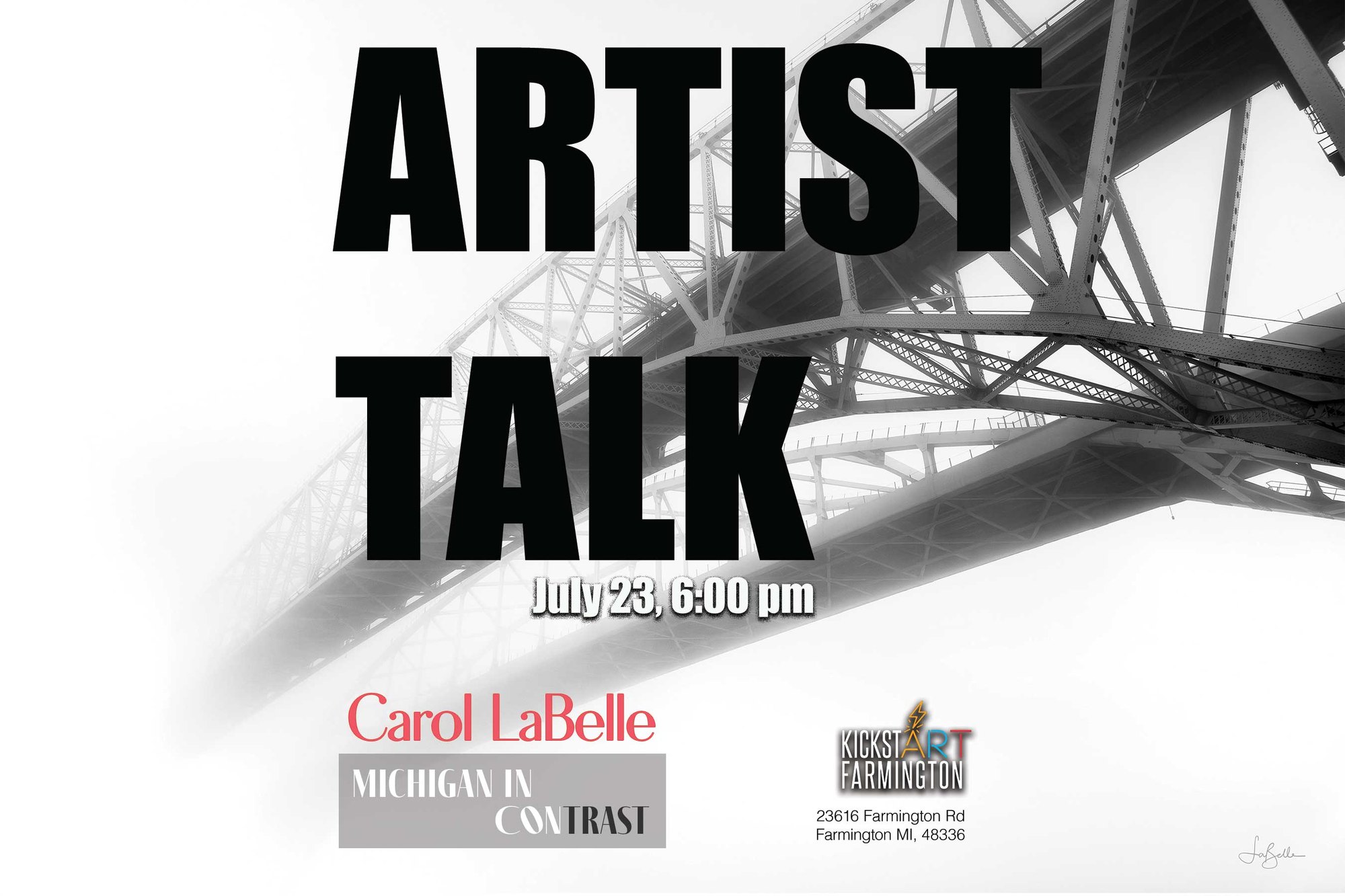 Event flyer for an artist talk featuring a black-and-white bridge photograph as background.