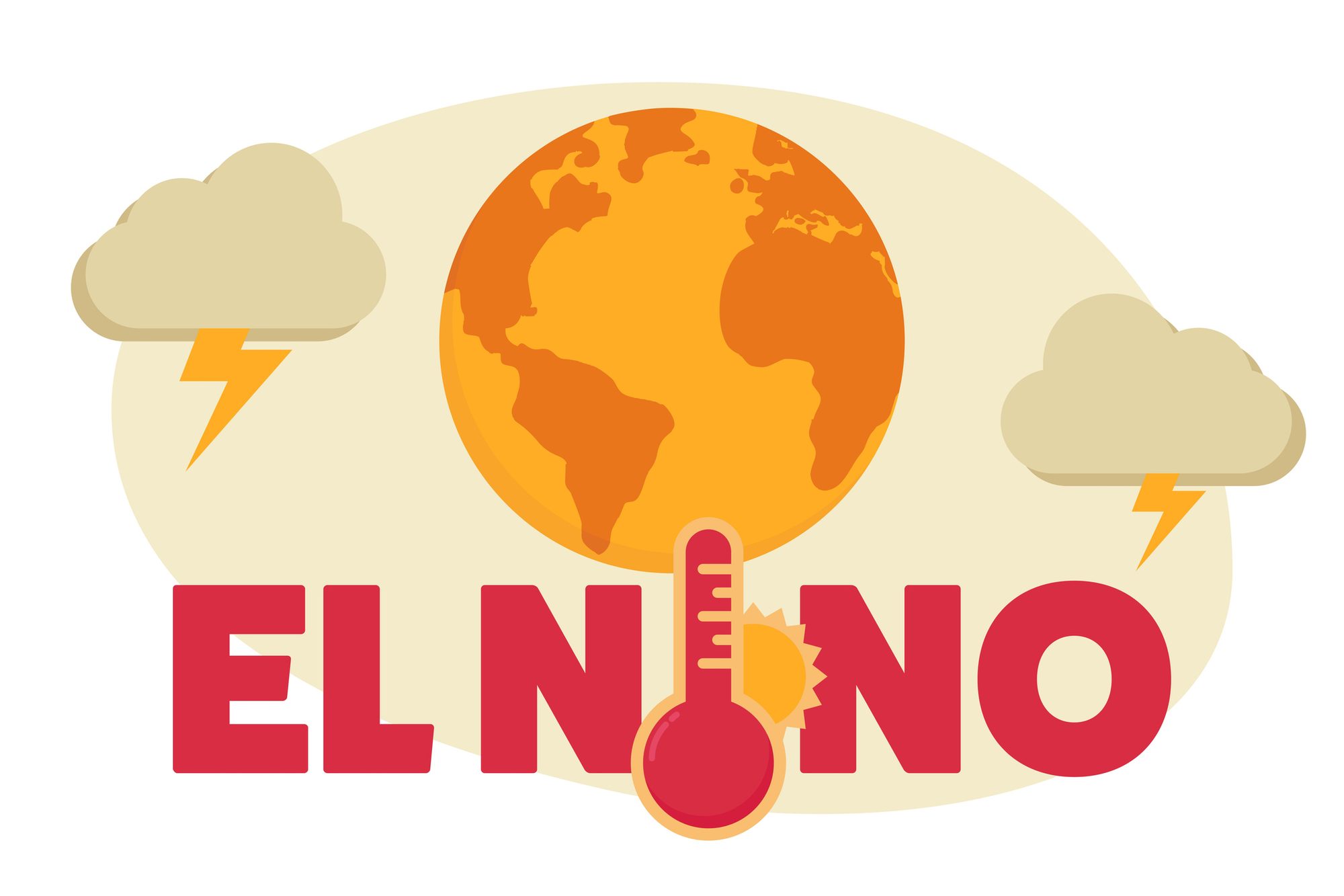 El Nino climate phenomenon. Warming globe with associated extreme weather events like storms and lightning.