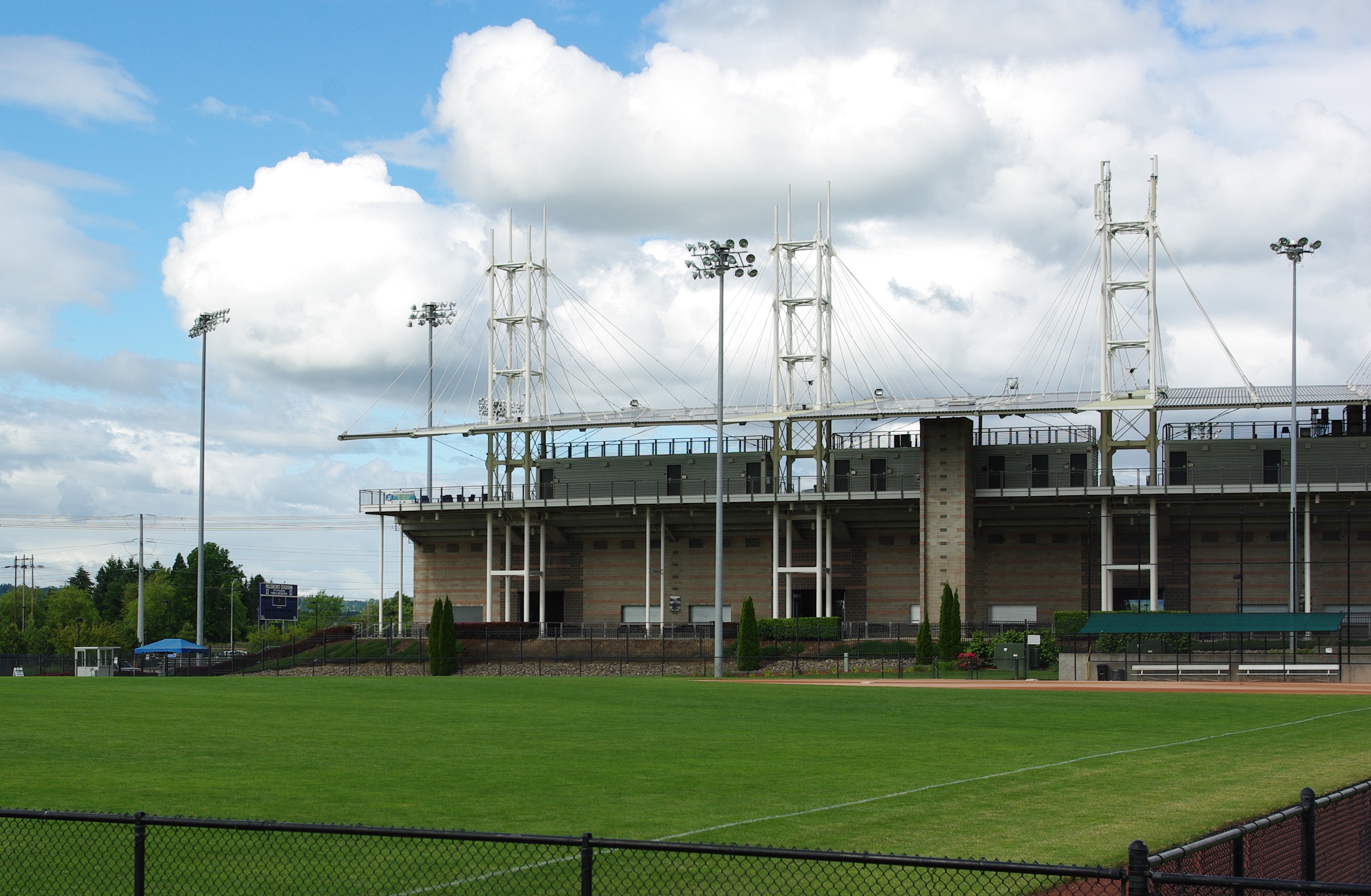 Stadium grandstand with cable-supported light towers viewed from a grass field.