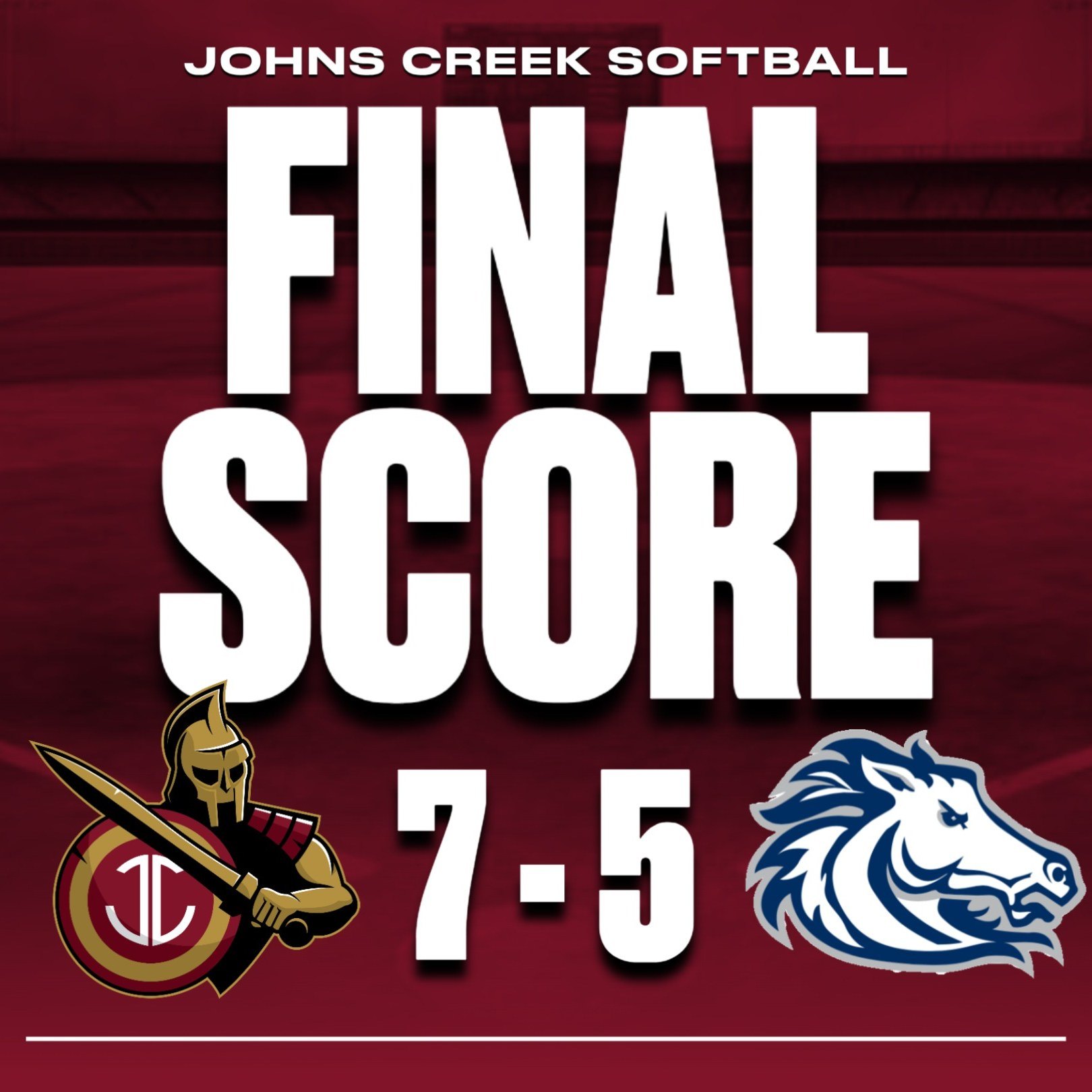 Graphic showing Johns Creek Softball final score 7-5 with team logos on dark red background.