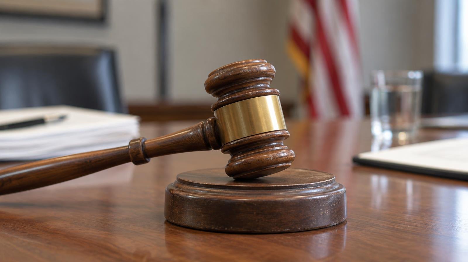 Wooden gavel resting on its sound block on a polished table.