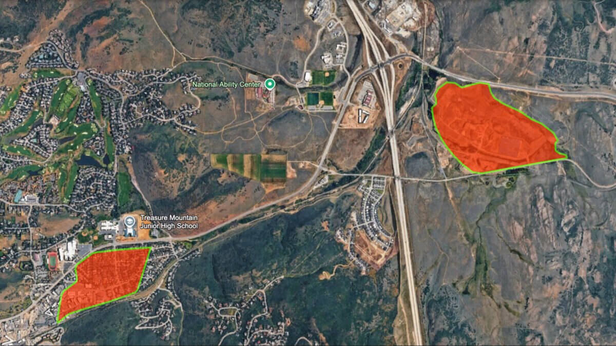 Satellite aerial of Park City with red-shaded overlays marking two historical tailings pond sites.