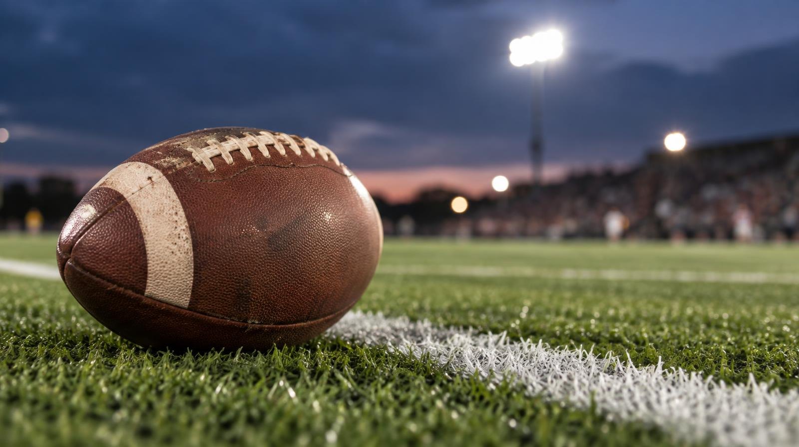 An American football resting on green artificial turf beside a white yard line.