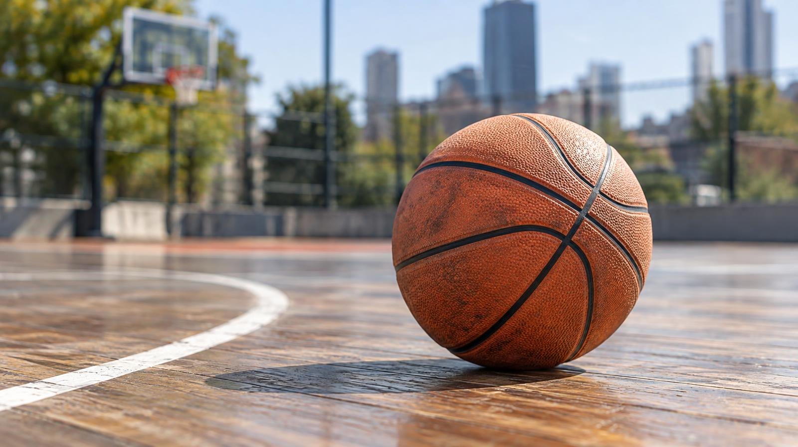 A basketball sitting on a hardwood half-court beside a painted arc line.