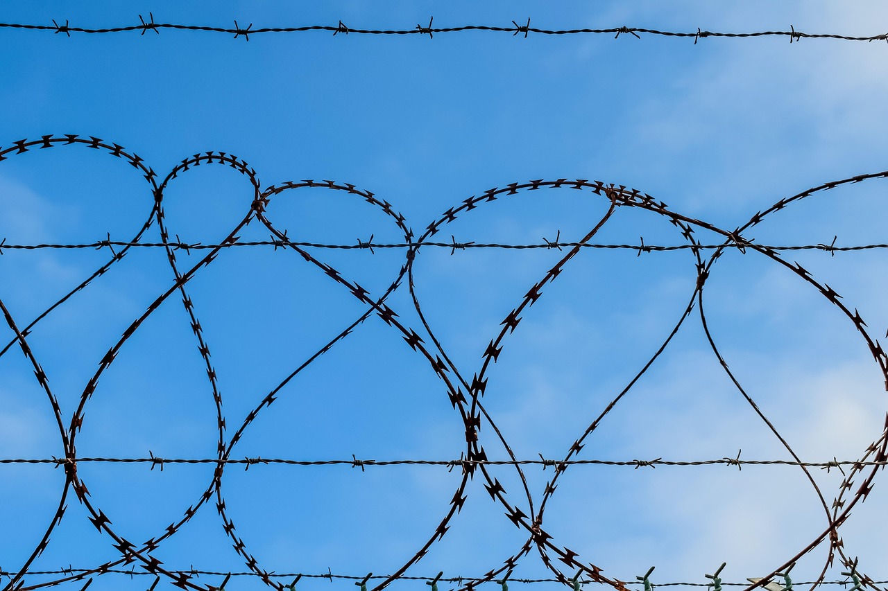 Barbed wire, wire, fence, forbidden, jail, enclosure, security, barrier, blue security, barbed wire, jail, jail, jail, j