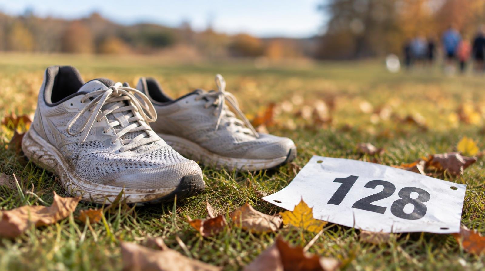 Lightweight running shoes on a grassy course beside a race bib number in morning light.