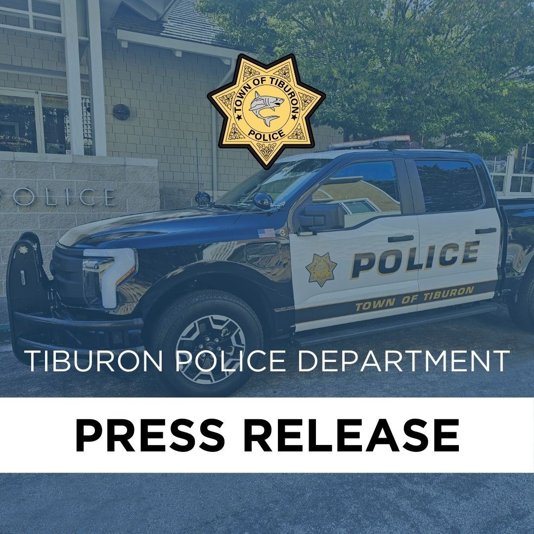 Tiburon Police Department press release graphic showing a police pickup truck in front of a police building.