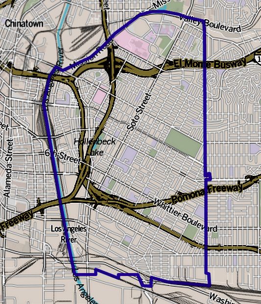 A boundary map of Boyle Heights, California, showing neighborhood borders on a street map.