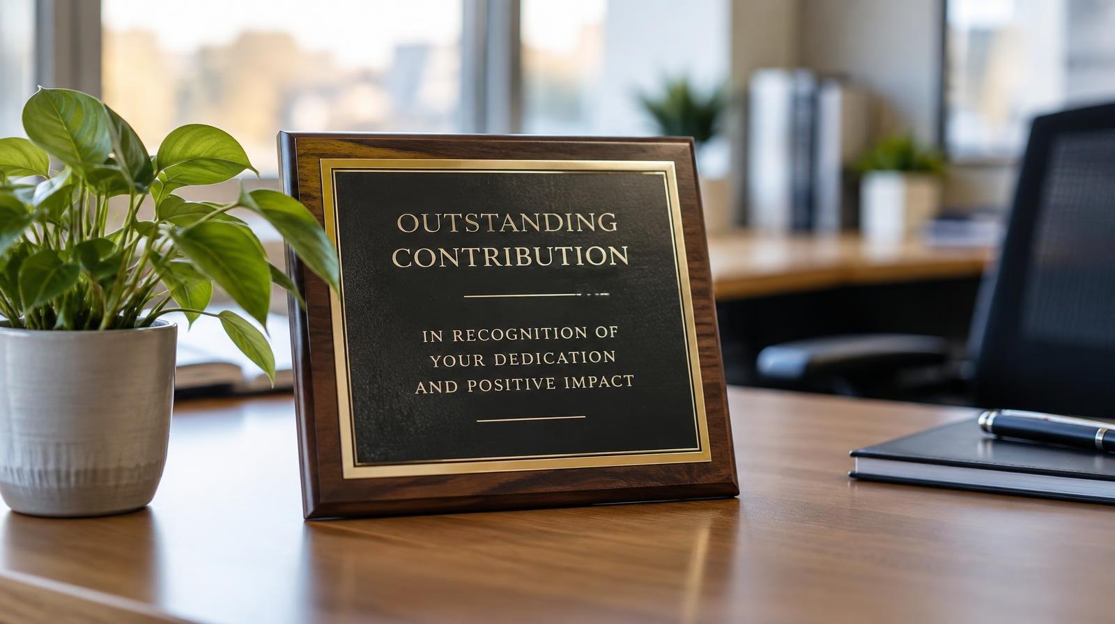 Framed award plaque on a modern office desk beside a small plant.