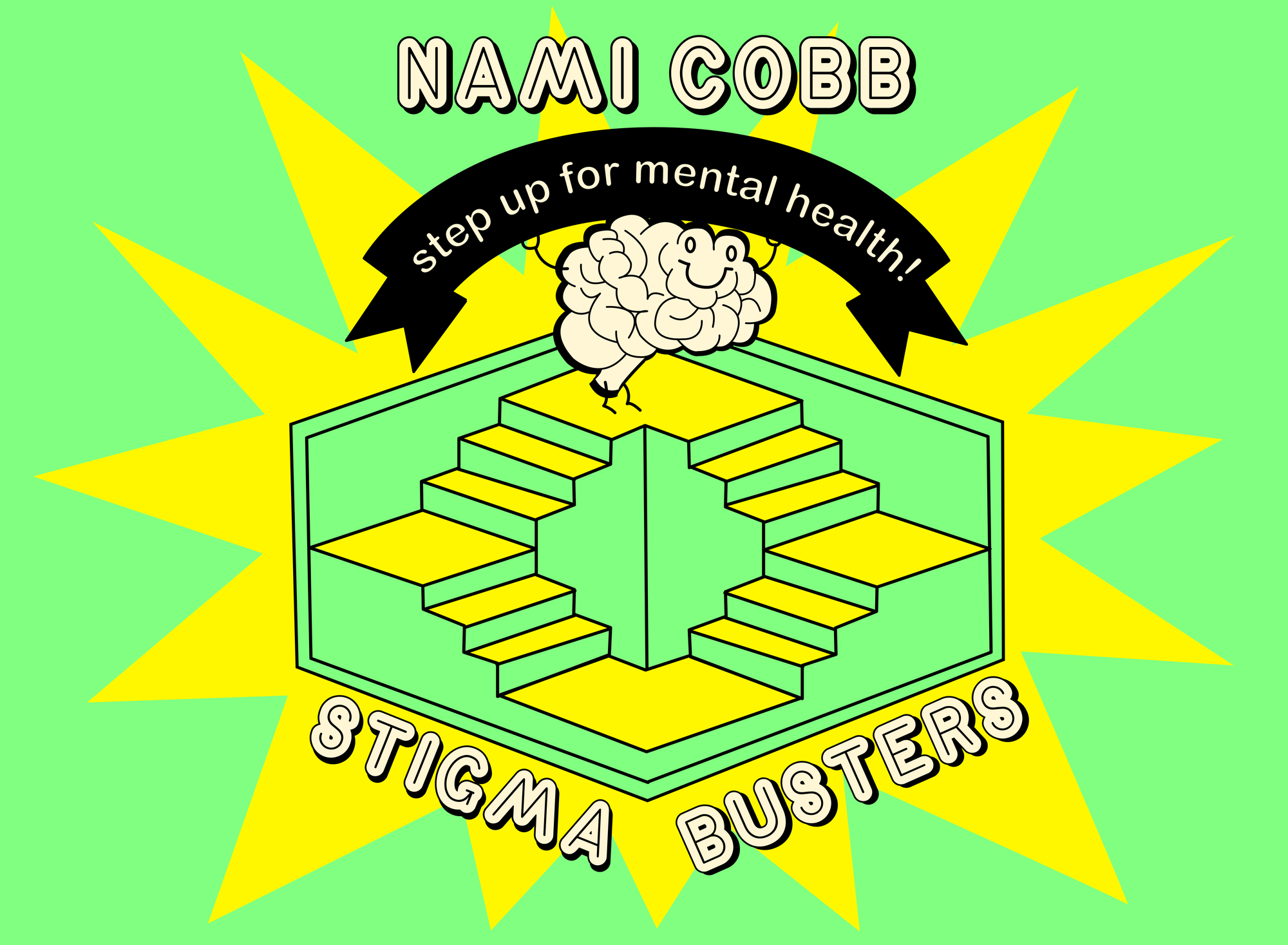 Colorful graphic featuring a cartoon brain on a staircase with a mental health awareness banner.