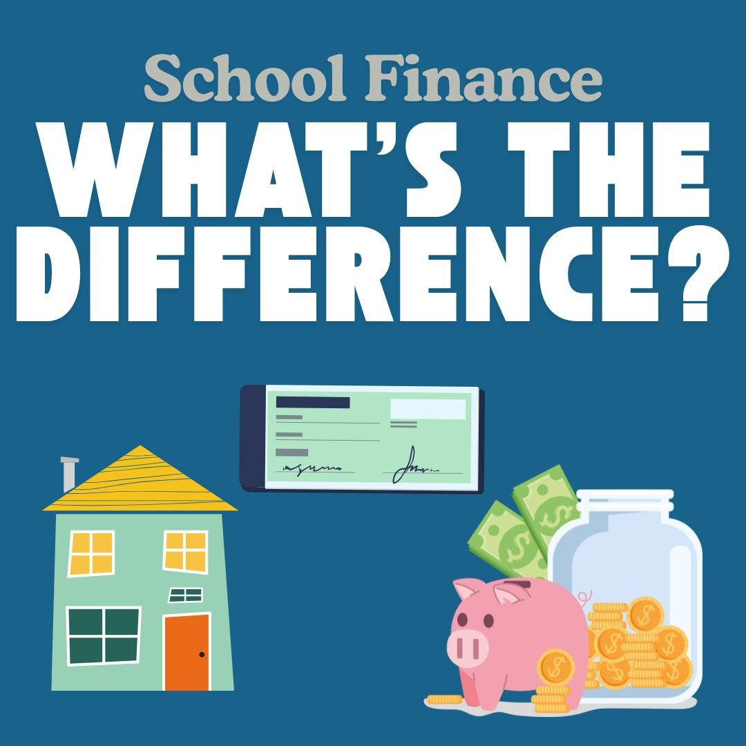 Blue infographic graphic with icons illustrating types of school finance.