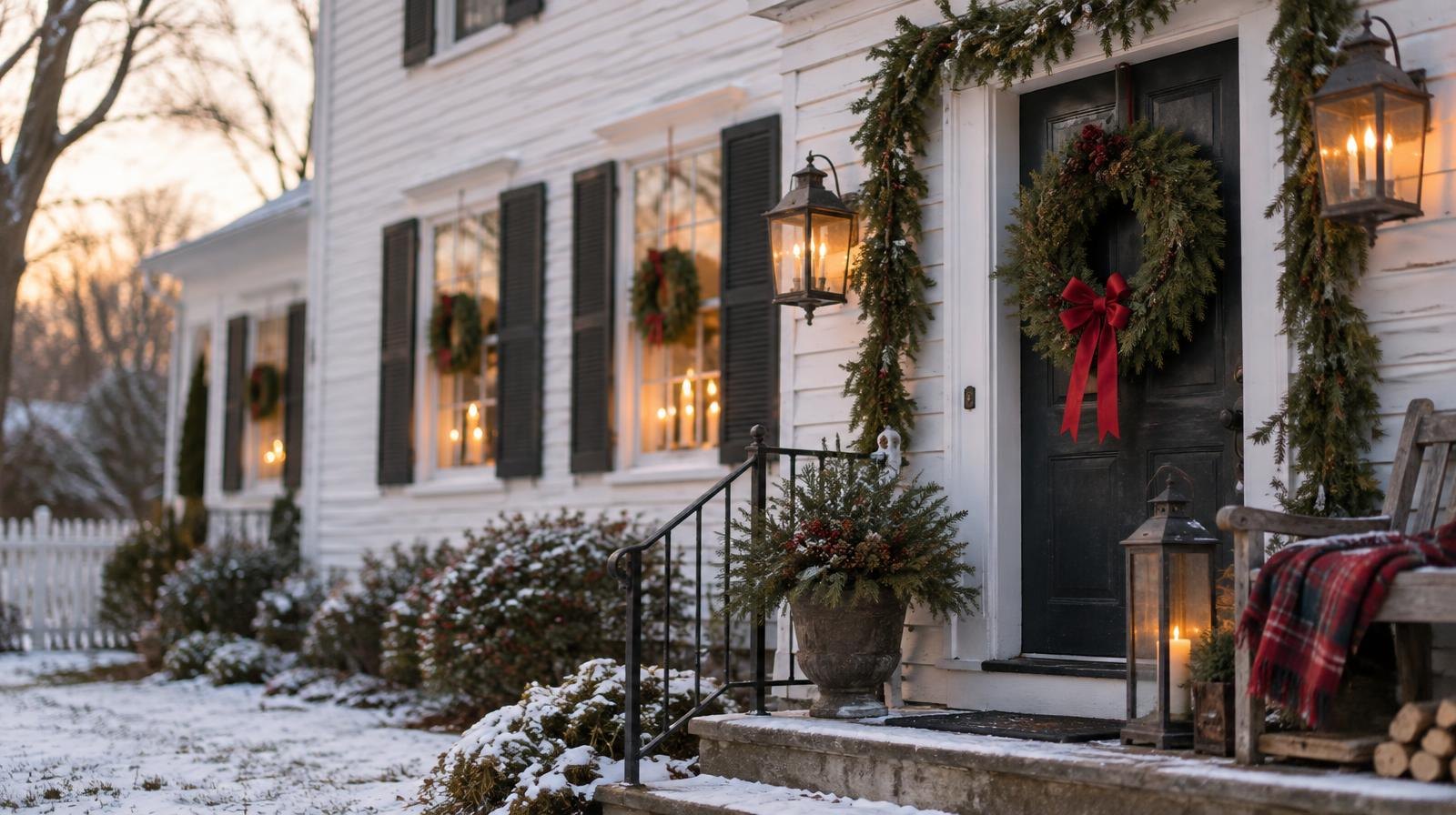 Historic farmhouse exterior with winter greenery and glowing candles in windows.